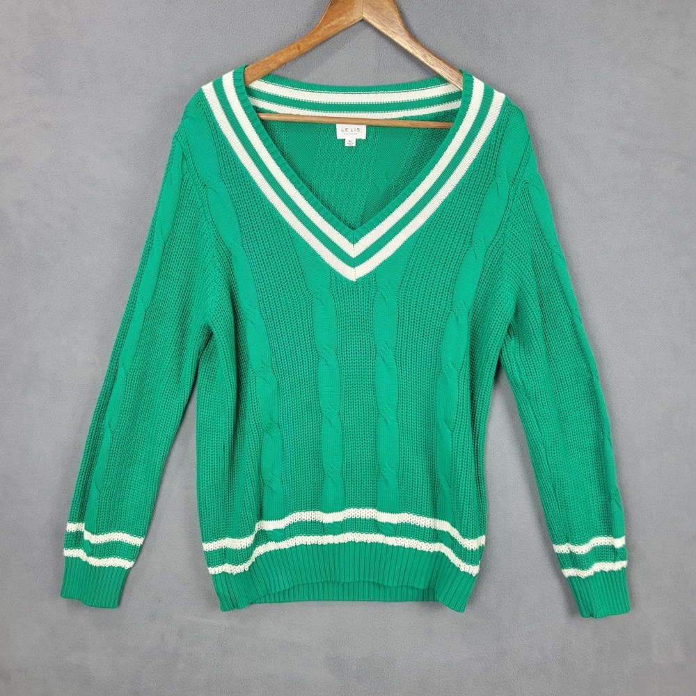 Le Lis Sweater Womens XL Green White‎ Varsity V-Neck Cable Knit Pullover IWT5047